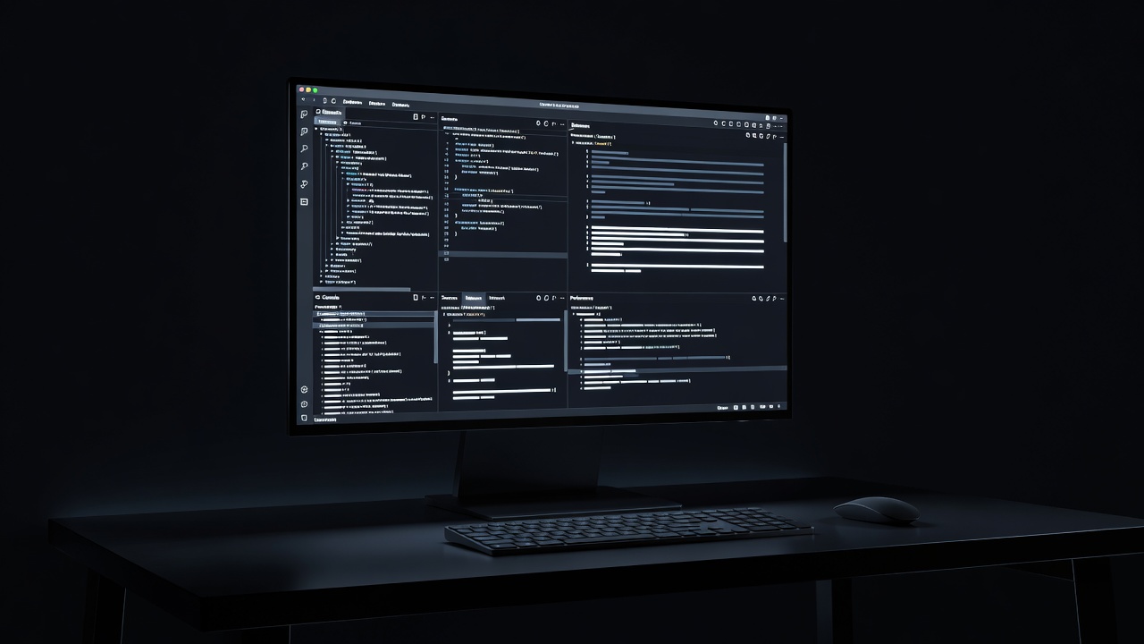 Browser developer tools open on a monitor at a dark desk, code panels glowing