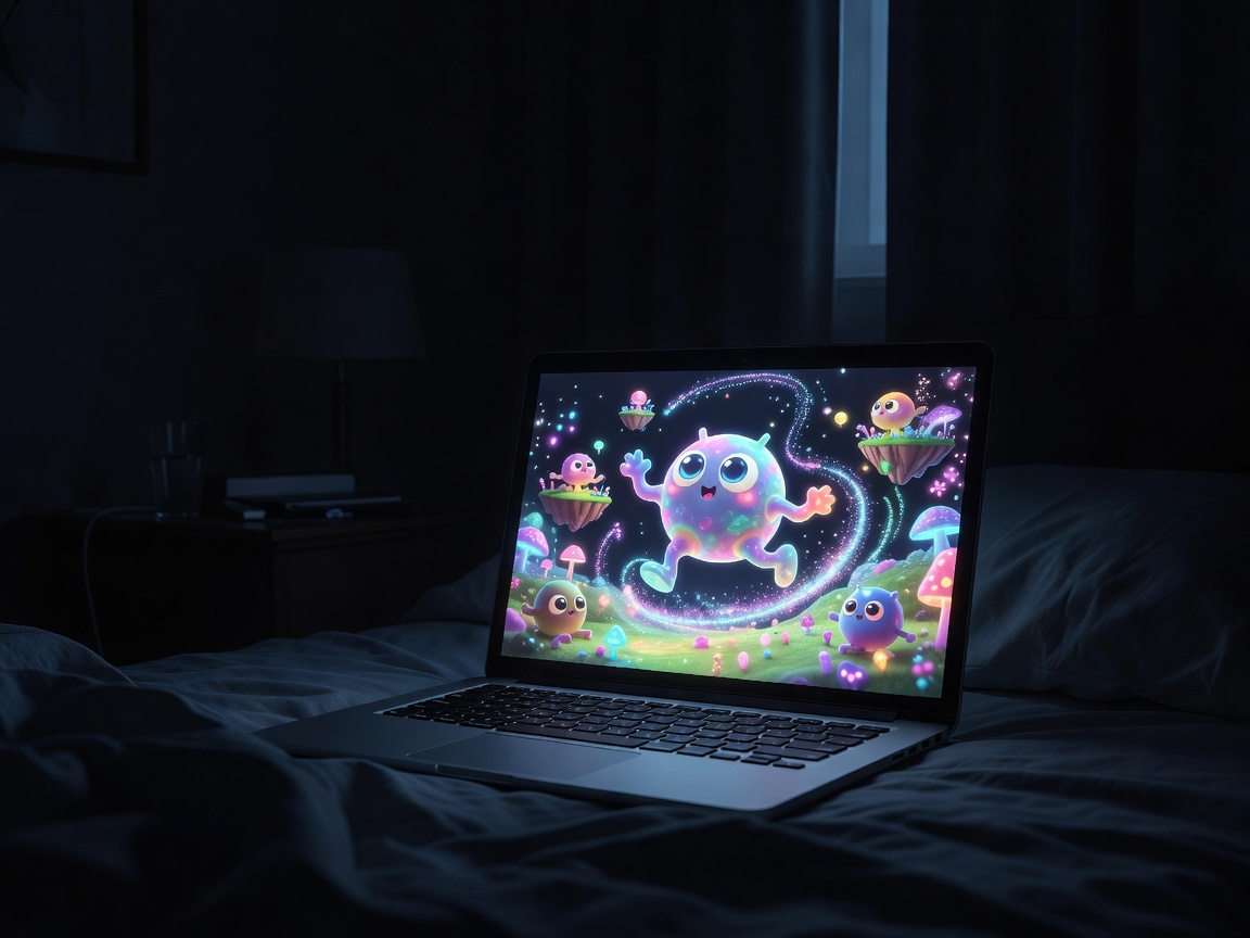 Playful browser game on a laptop screen in a dark bedroom