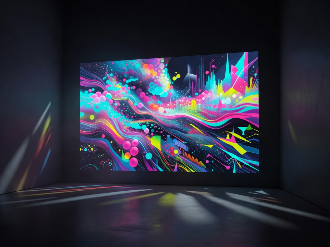 Colourful data visualisation on a screen in a moody, darkened room