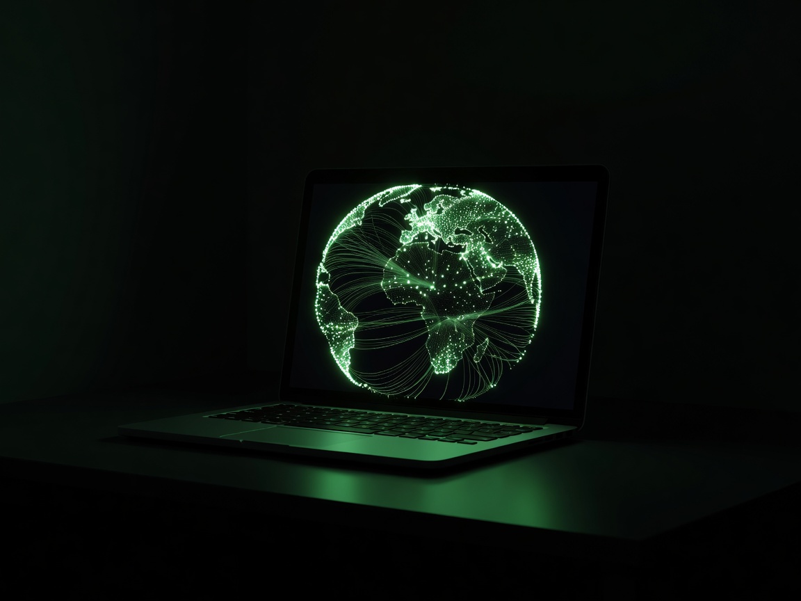Glowing green globe of radio stations on a laptop screen at night