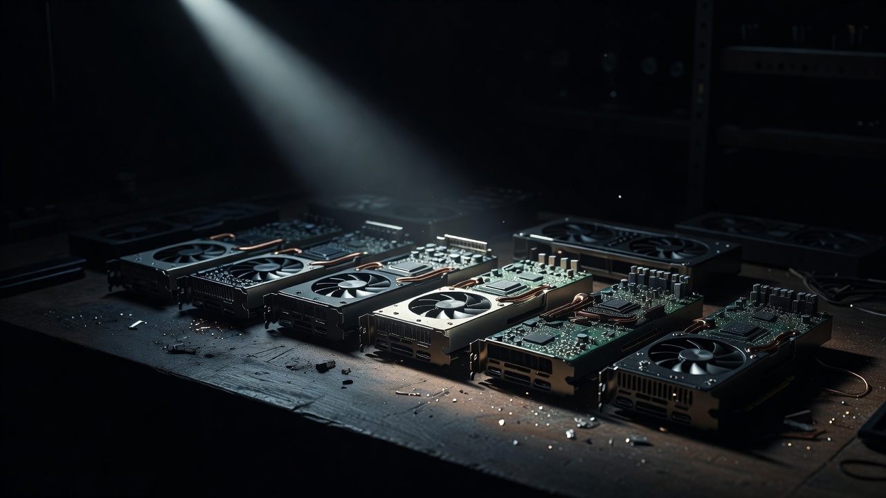 Graphics cards on a dark workbench lit by a narrow beam of light