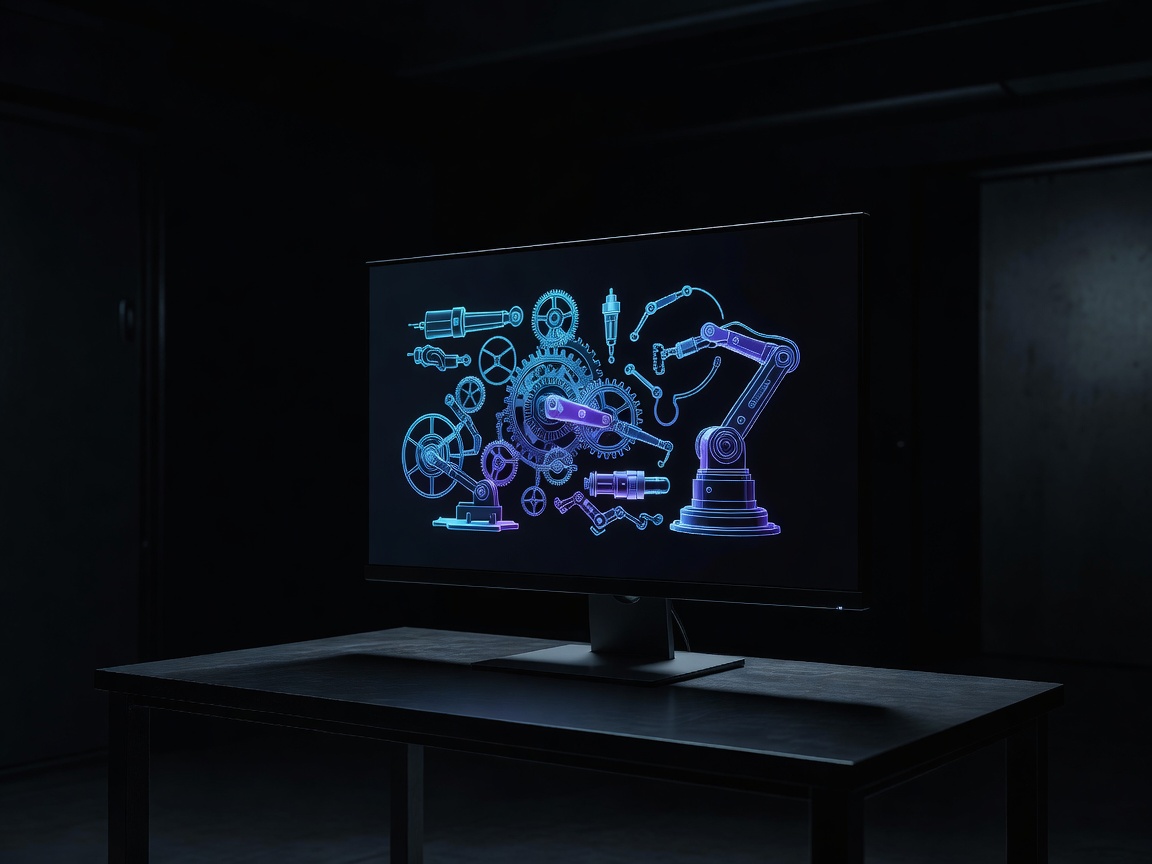 Interactive mechanical diagram on a monitor surrounded by darkness