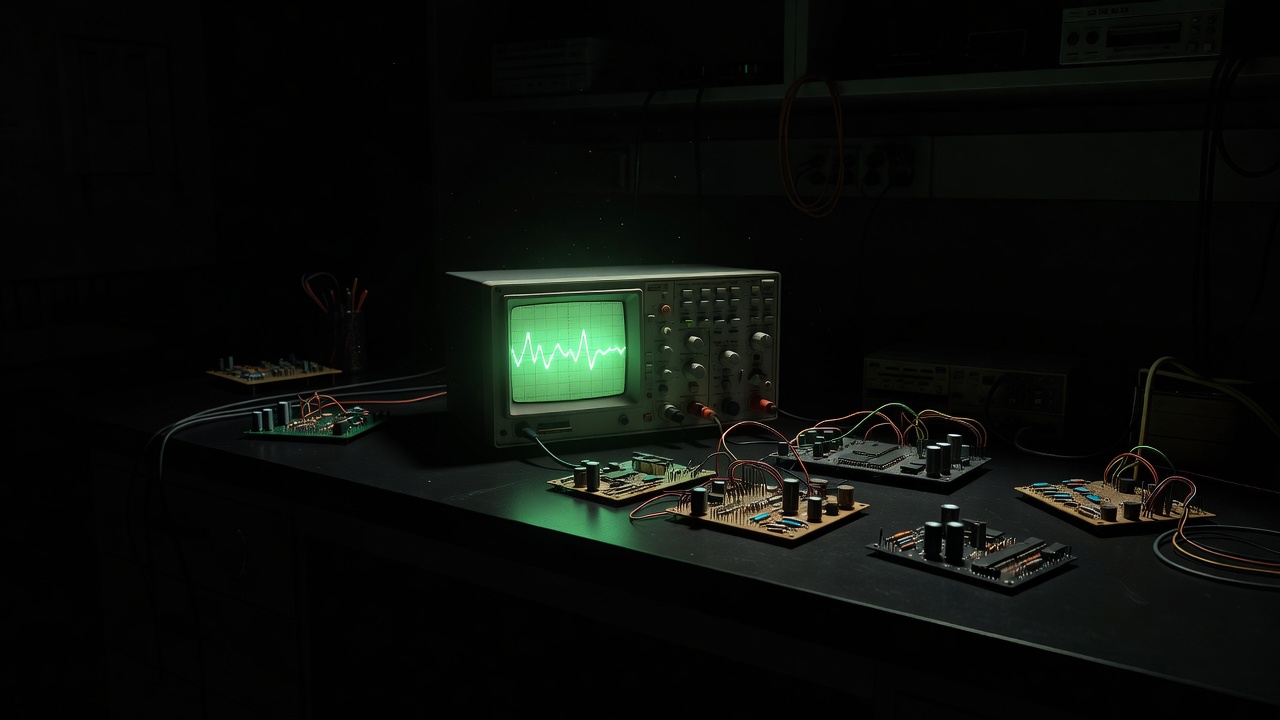 Oscilloscope and prototype boards on a lab bench in deep shadow
