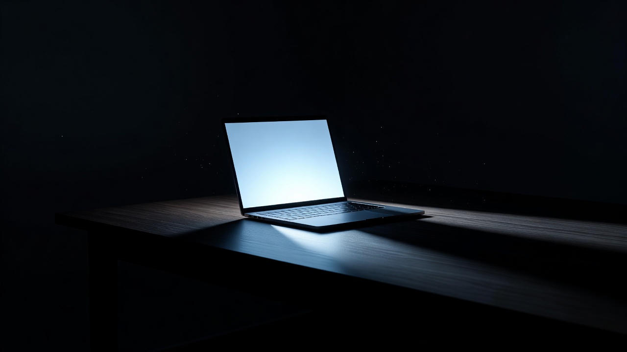 Open laptop glowing in an otherwise dark room, its screen the only light source