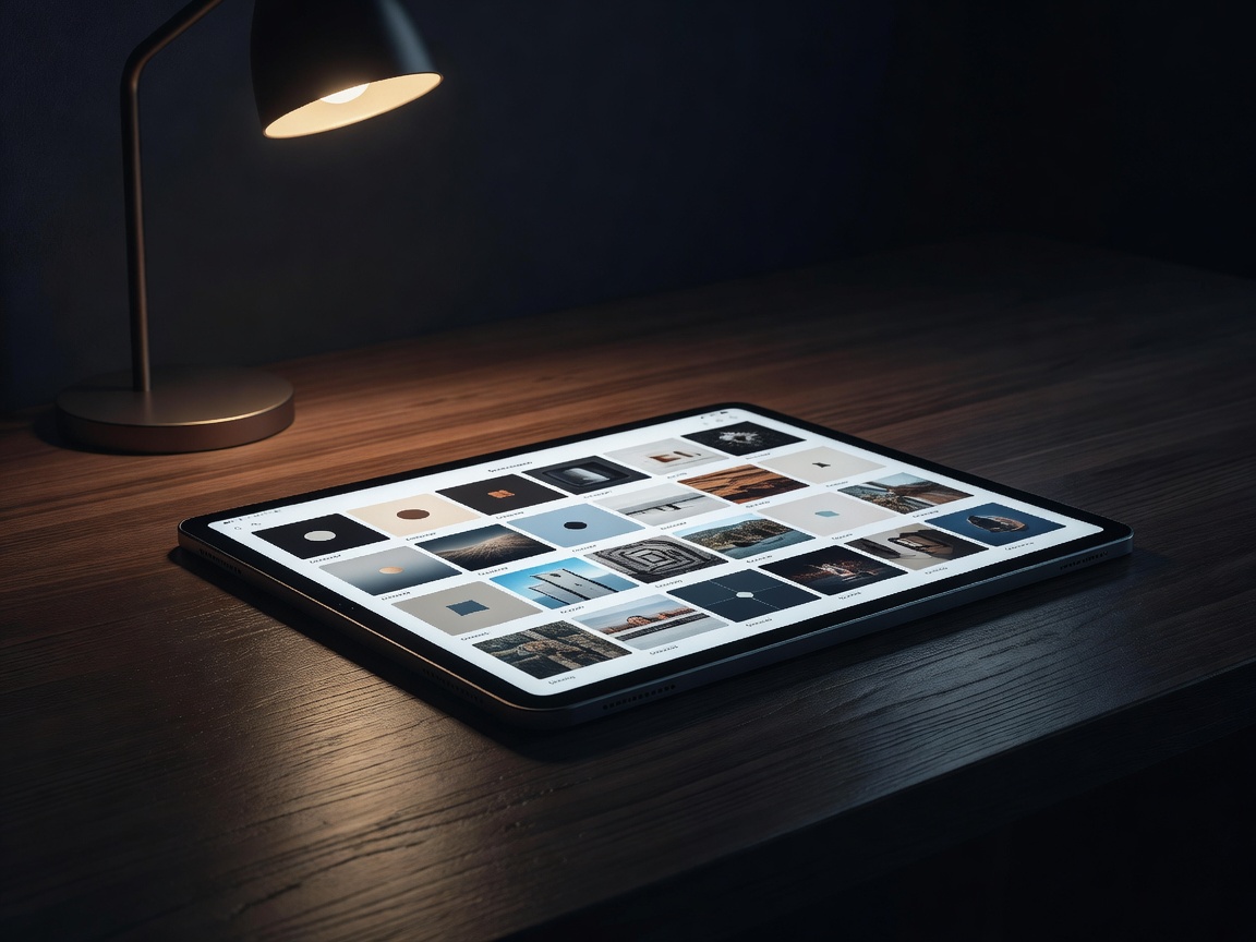 Tablet showing a grid of saved images on a desk at night