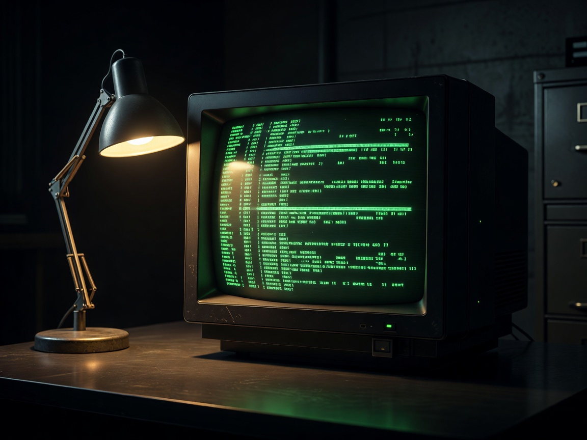 Terminal window with green text glowing on a dark desk