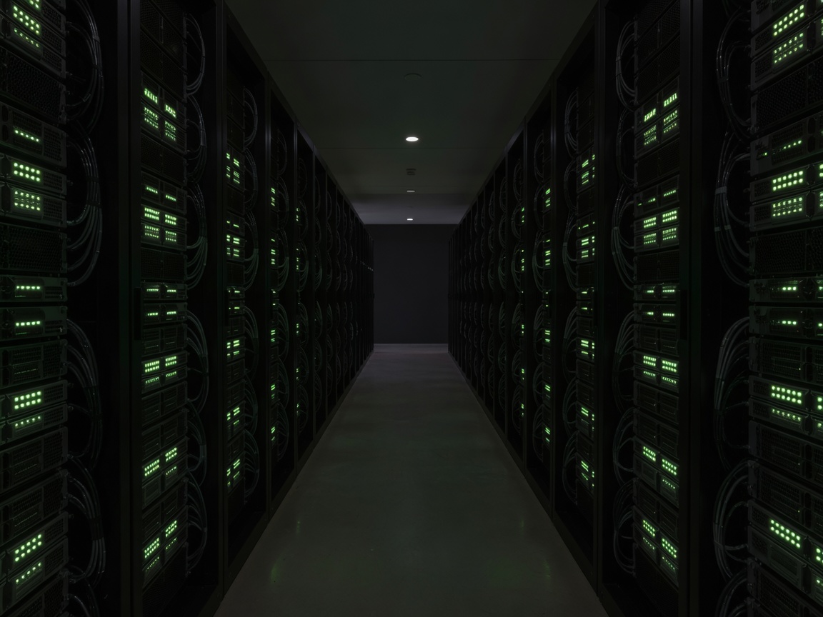 Dim aisle between server racks with small green status lights