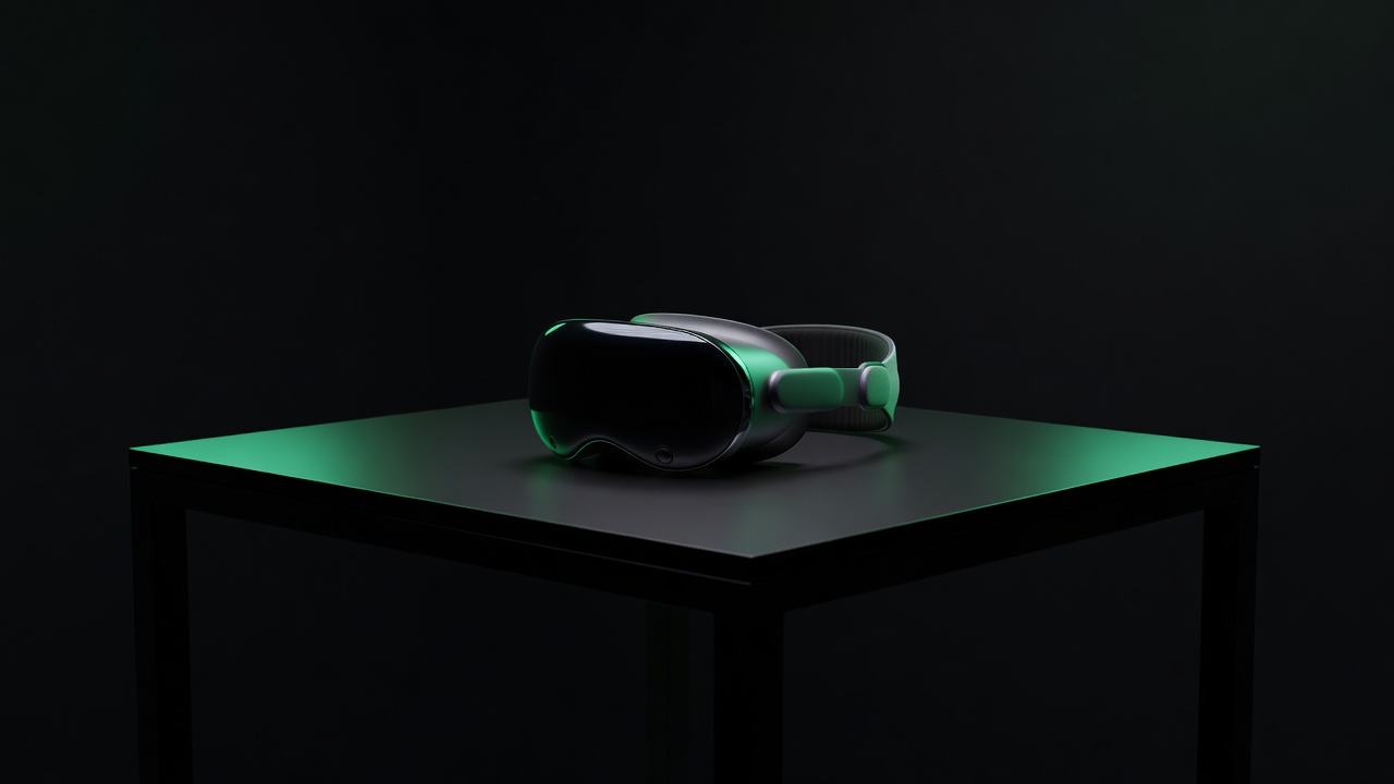 Virtual reality headset on a table in a dark studio, edged by green light