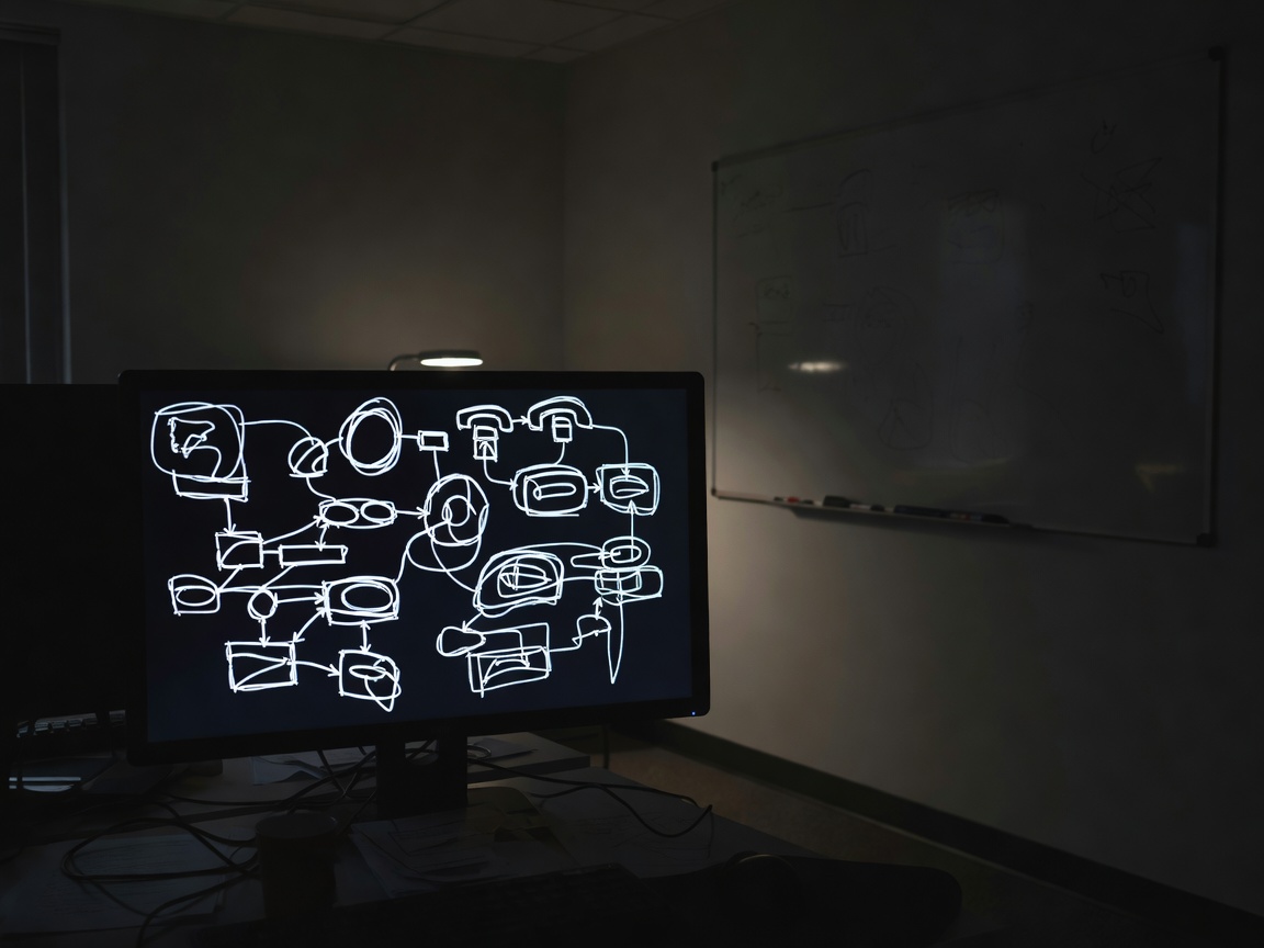 Hand-drawn style diagrams on a dark monitor in a dim office